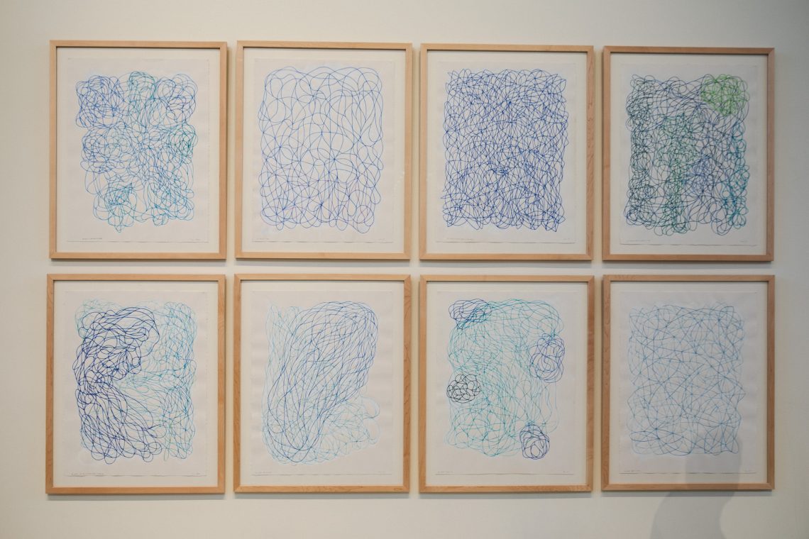 Peter Bruun, "Big Crying" (series), 2020. 8 works of watercolor and gouache on paper; 29 ½ x 22 ½ in. ea. (unframed). Part of the "Even As We Grieve" exhibition, 2026, University of Southern Maine Crewe Center for the Arts Great Hall Gallery. Bruun is the University of Southern Maine Art Gallery 2026 Artist-in-Residence.