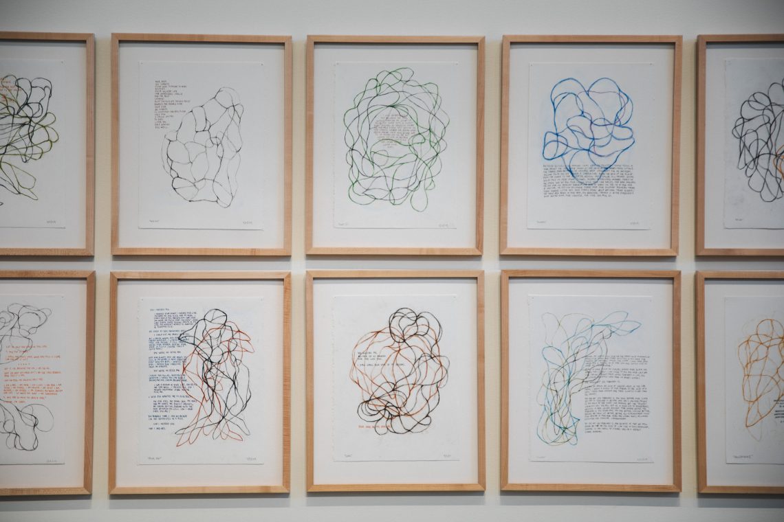 Peter Bruun, "Memoir" (series detail), 2019–21. 20 works of pastel, ink, and charcoal on paper; 15 x 11 in. ea. (unframed). Part of the "Even As We Grieve" exhibition, 2026, University of Southern Maine Crewe Center for the Arts Great Hall Gallery. Bruun is the University of Southern Maine Art Gallery 2026 Artist-in-Residence.