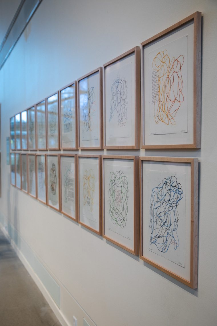 Peter Bruun, "Memoir" (series detail), 2019–21. 20 works of pastel, ink, and charcoal on paper; 15 x 11 in. ea. (unframed). Part of the "Even As We Grieve" exhibition, 2026, University of Southern Maine Crewe Center for the Arts Great Hall Gallery. Bruun is the University of Southern Maine Art Gallery 2026 Artist-in-Residence.