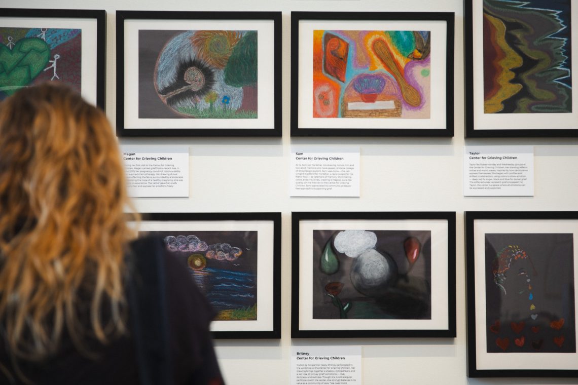 Community artwork in the "Even As We Grieve" exhibition, 2026, University of Southern Maine Crewe Center for the Arts Great Hall Gallery. Workshops with community partners facilitated by 2026 University of Southern Maine Art Gallery 2026 Artist-in-Residence Peter Bruun.