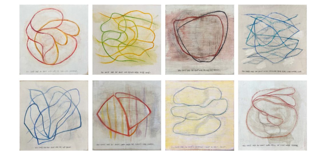 Eight drawings by artist Peter Bruun in a grid, most are square format and feature a large scribble in a single color.