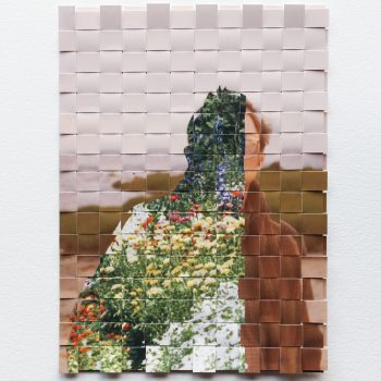 An image of a collage work that has been cut into strips and woven together. It features a portrait of a man, but 3/4 of him is replaced by foliage.
