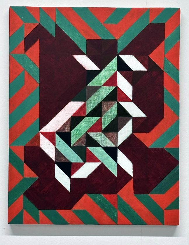 An abstract painting of elongated hashes in reds and greens