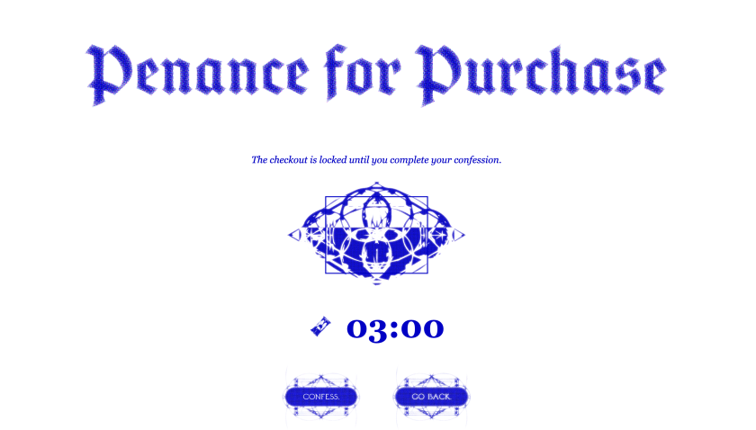 A blue image that reads "Penance for Purchase" in gothic font
