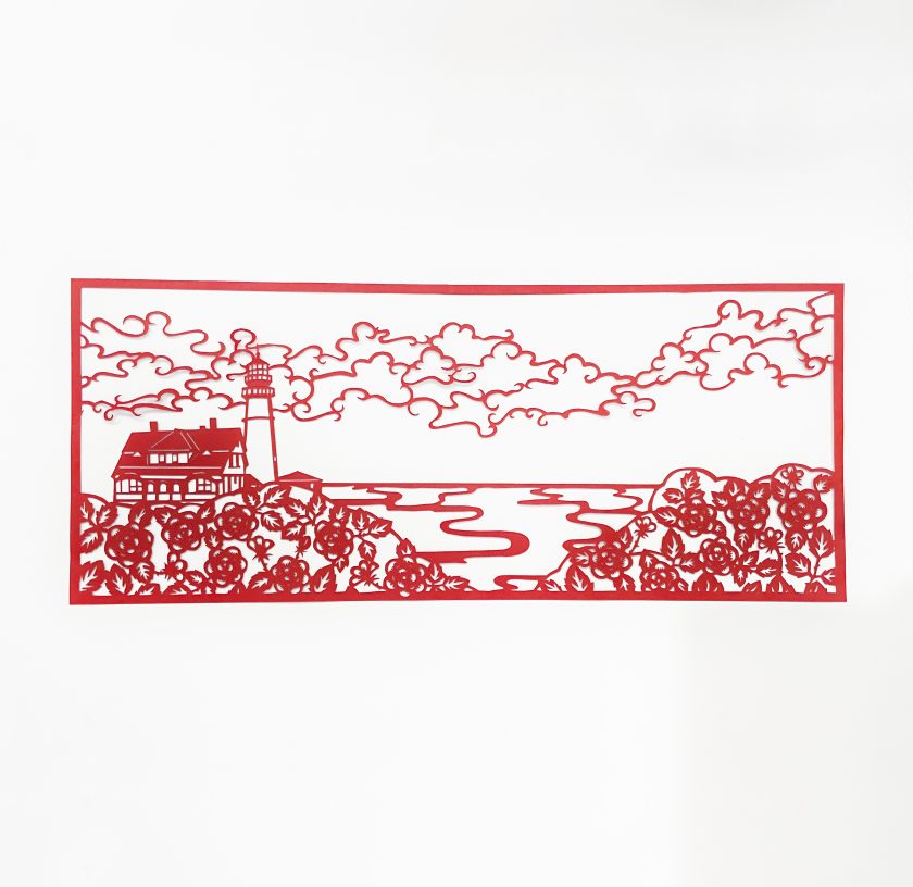 A red outline image of a light house at left with water in the center, forests on either side, and clouds in the sky.
