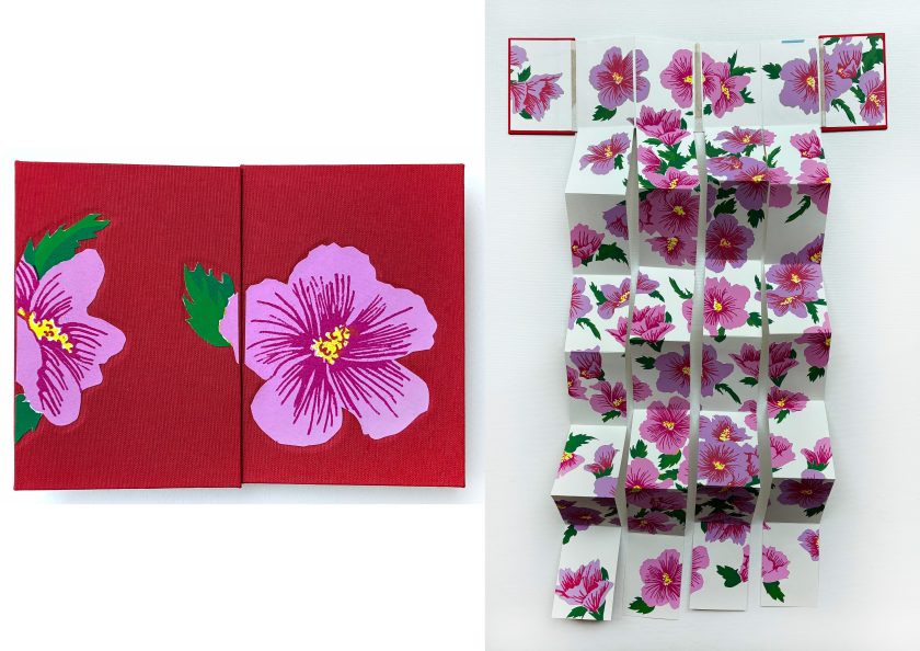 A side by side image of a book closed and open. When closed a pink flower is on a red cover. The book opens into an accordion fold mimicking a robe-type garment with flowers throughout.