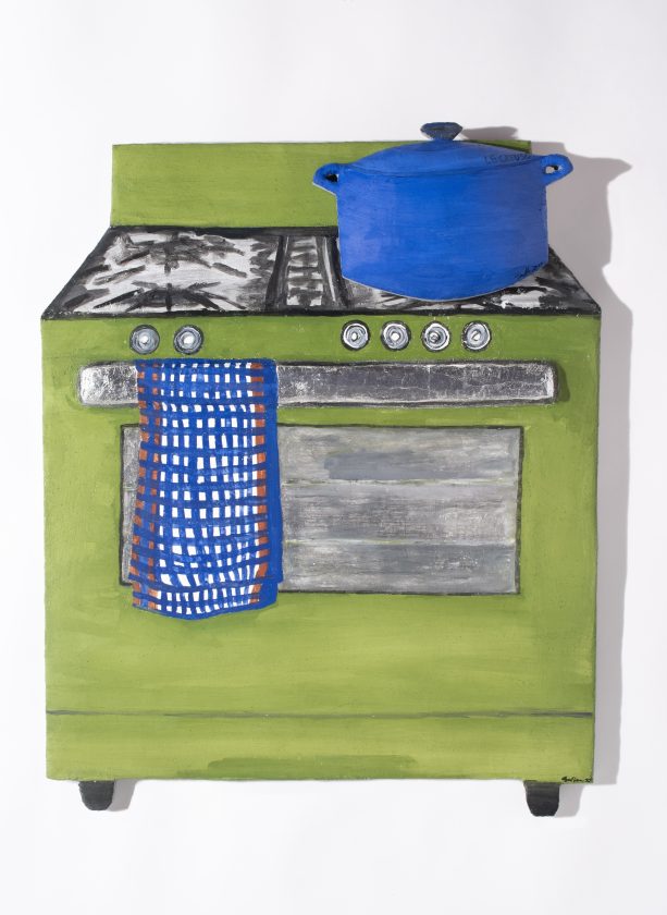 An image of a painting of a stove with a blue pot on it and a blue plaid dishcloth at left.
