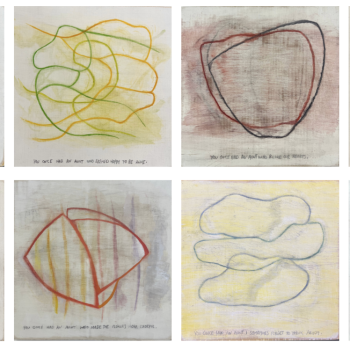 A series of eight artworks are stacked in two rows of four. The hand-darwn images are by artist Peter Bruun and feature expressive, abstract, line drawings with text underneath that is illegible.