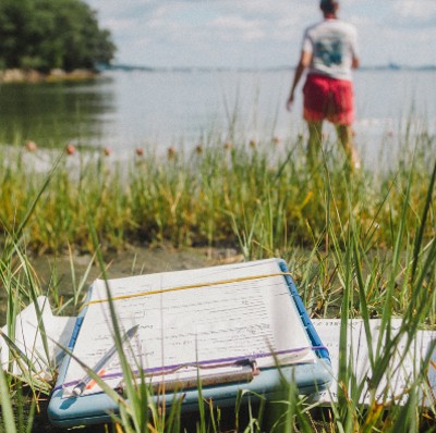 In the foreground, a clipboard lies in the grass near the coast. In the background, a person wearing red shorts wades into the coastal water