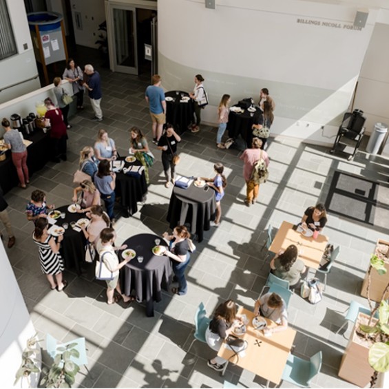 aerial view of people eating and mingling at a sunny, indoor event
