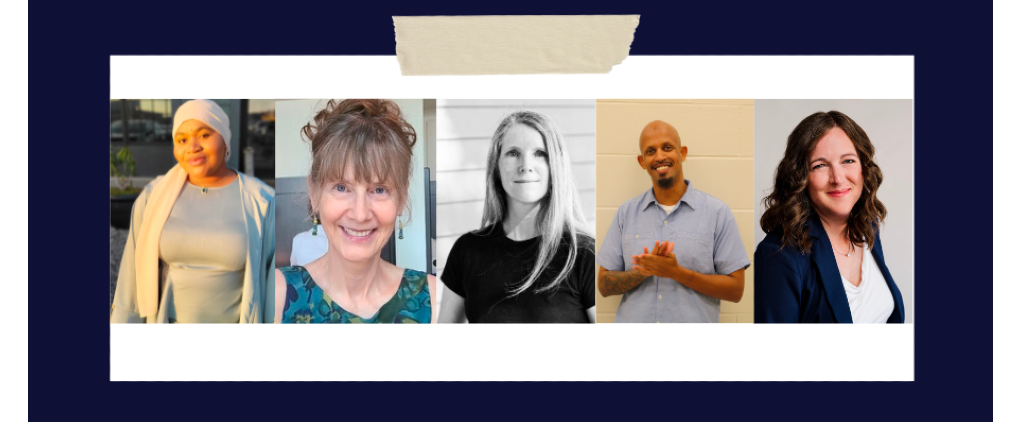 Navy blue background. Five profile pictures of OLLI Fellows are lined up against a white backdrop and is layered on top of the navy.