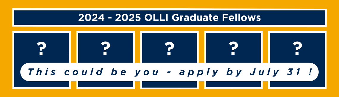 A rectangle with a gold background. Across the top of the rectangle is a navy blue banner with a white border, which reads "2024-2025 OLLI Graduate Fellows" in white lettering. Beneath the banner are five navy blue squares with white borders, lined up in a row. In each navy blue square is a white question mark. Across the bottom of the squares is a white banner with navy blue text on it that reads "This could be you - apply by July 31!"