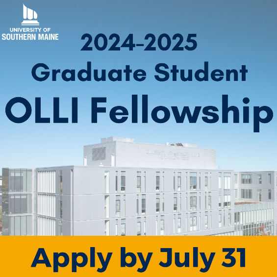 Upper left: USM flame logo in white. Background: faded image of Wishcamper Center building. Text overlay: "2024-2025 Graduate Student OLLI Fellowship Apply by July 31"
