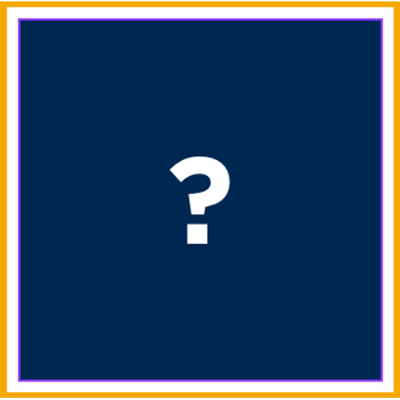 a navy blue square with a white border has a white-colored question mark in the center of it. the white border around the square is bordered in gold. 