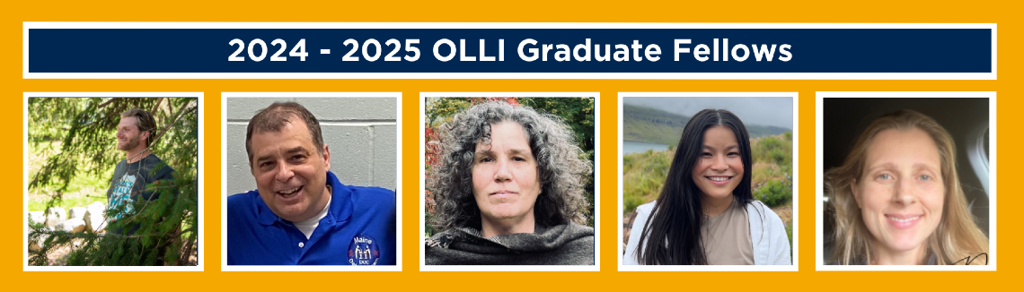 A gold rectangle with a navy blue banner across the top that says "2024-2025 OLLI Graduate Fellows" in white writing. Below are five squares in a row, each with a profile picture (of each of the five fellows)