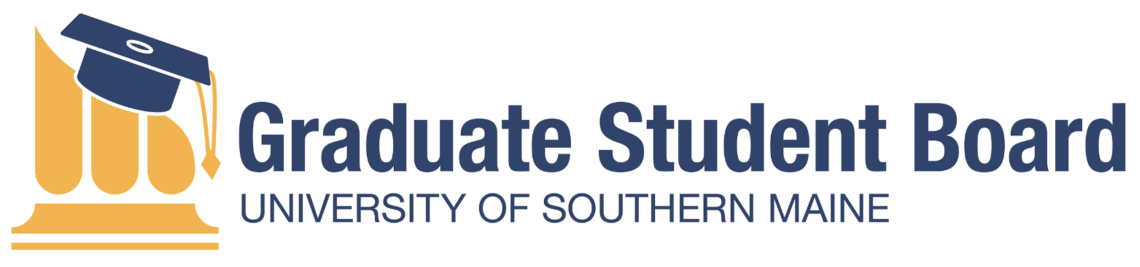 On the left, the gold-colored USM flame icon wears a blue graduation cap. Bold, blue font on a white background next to that icon reads "Graduate Student Board" and smaller, non-bolded text under that reads "University of Southern Maine"