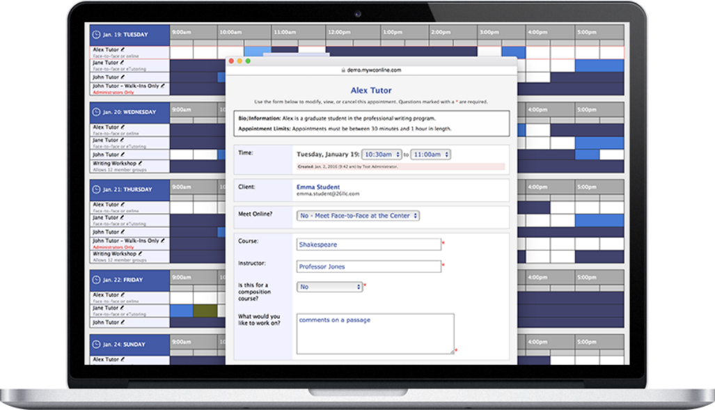 Laptop open to WCOnline (tutor scheduling system)