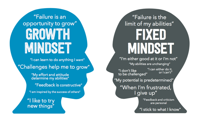Outline of two heads (one blue and one black) with comparison of Fixed versus Growth Mindsets. Fixed Mindset, "Failure is a limit of my abilities"whereas Growth Mindset is "Failure is an opportunity to grow."