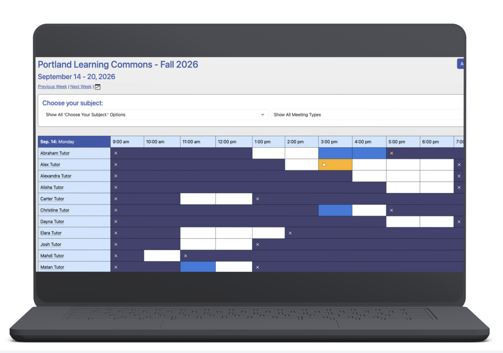 Laptop displaying the Learning Commons online tutoring schedule, where students can select a subject and view available appointment times.