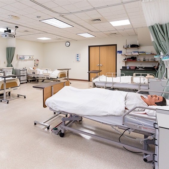 The Nursing Lab on the Lewiston-Auburn Campus with medical equipment and simulation mannequins.