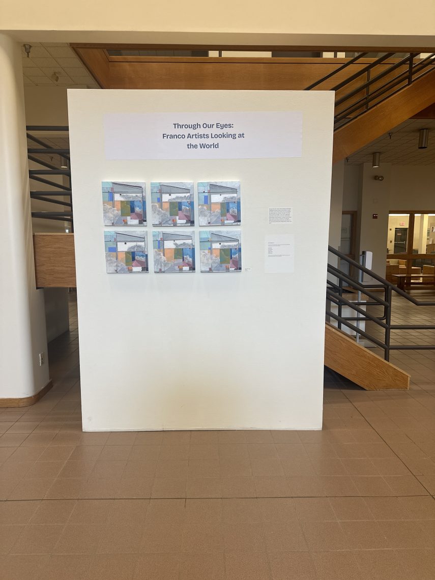 Six decorative photos on a wall.