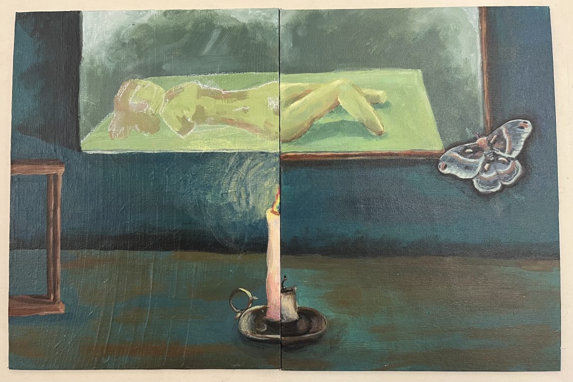 Acrylic drawing of a female body and candle