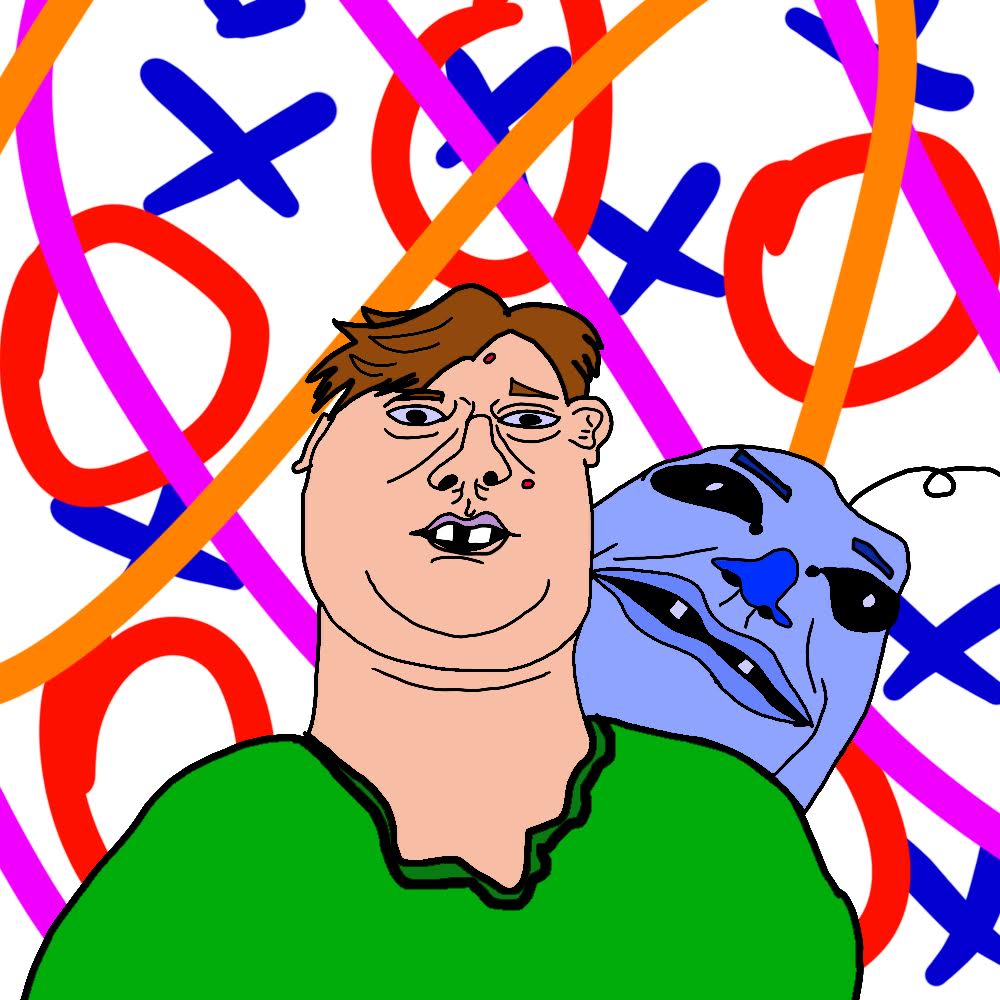 Digital print of a man and cartoon figure