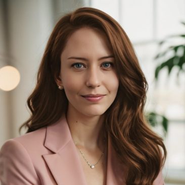 A photo of Netty, a woman with long red hair and blue eyes wearing a pink blazer