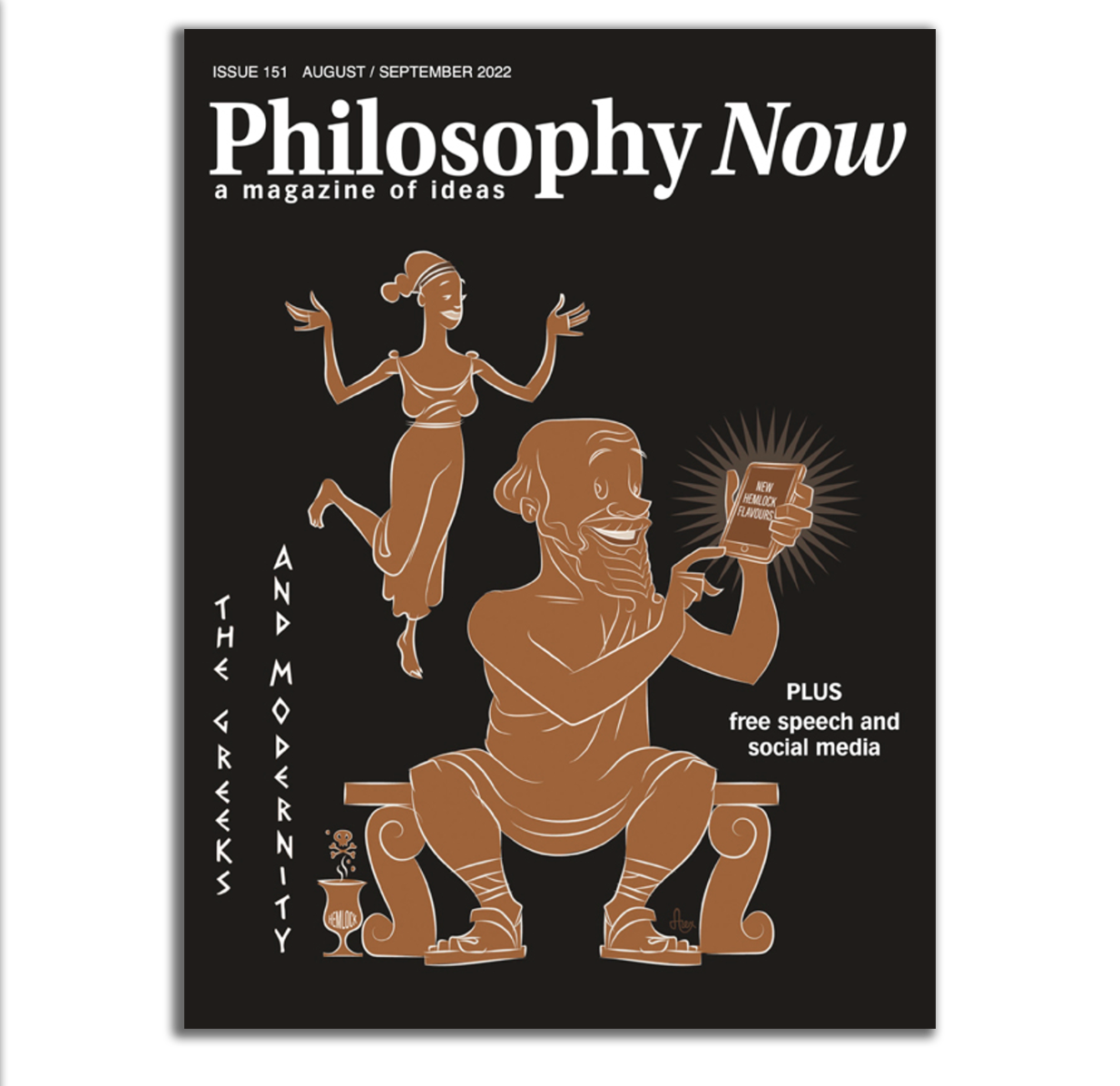 Magazine cover of Philosophy Now with drawing of ancient greeks with cell phone.