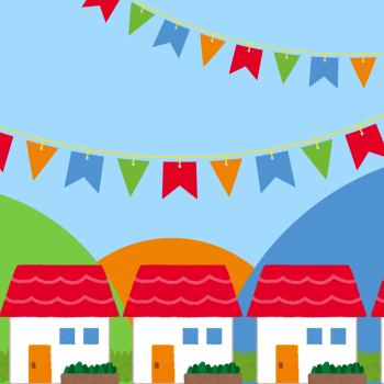 row of houses on a green, blue, and orange background with party banners above
