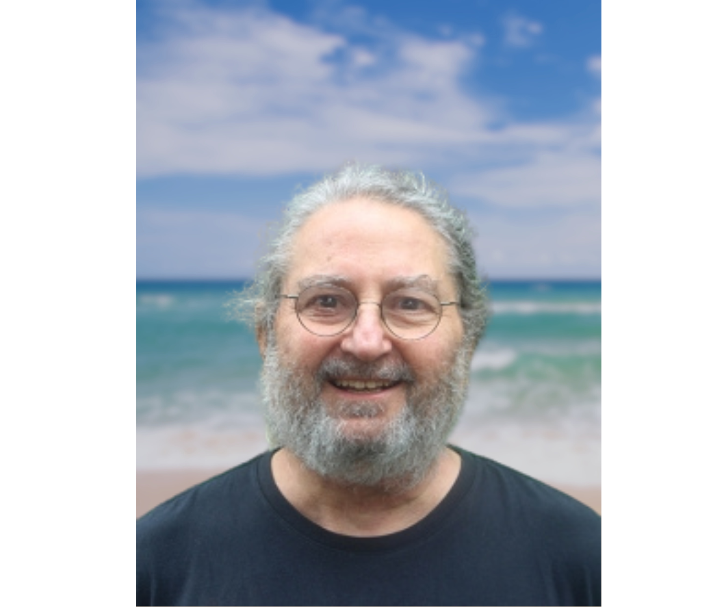 Professor Shedletsky wearing a blue tshirt standing on a beach