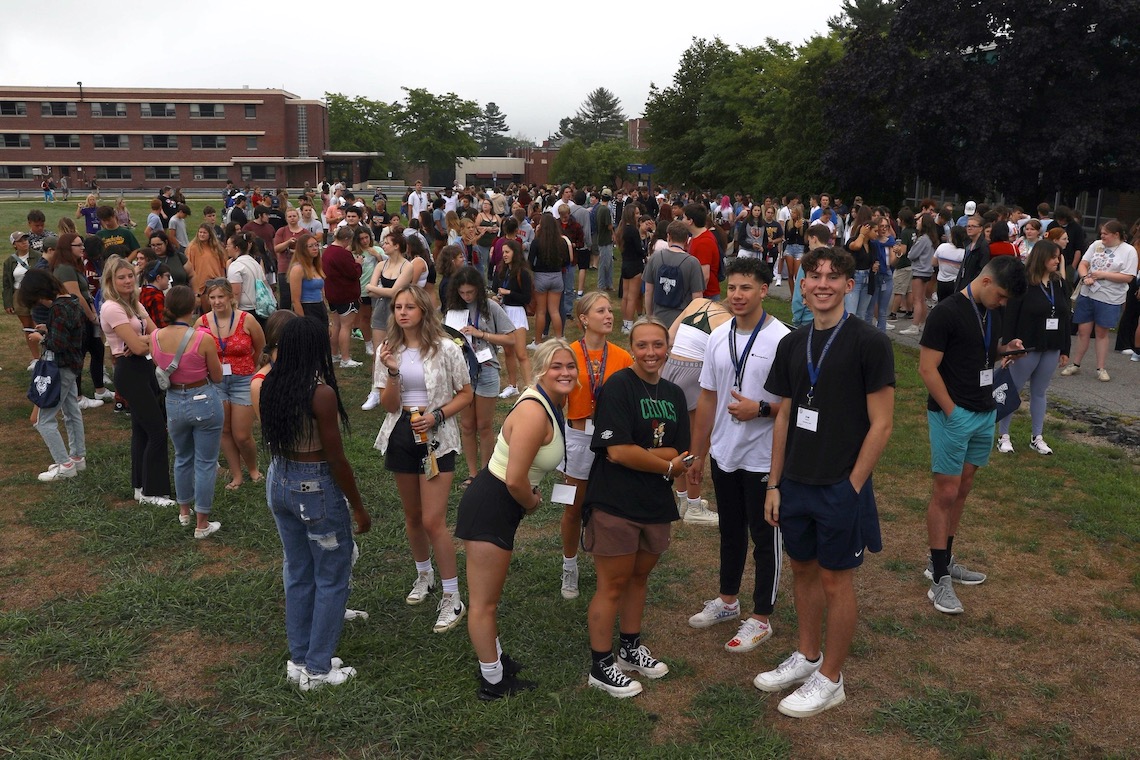 First-year students gather for orientation on Hodgdon Field.