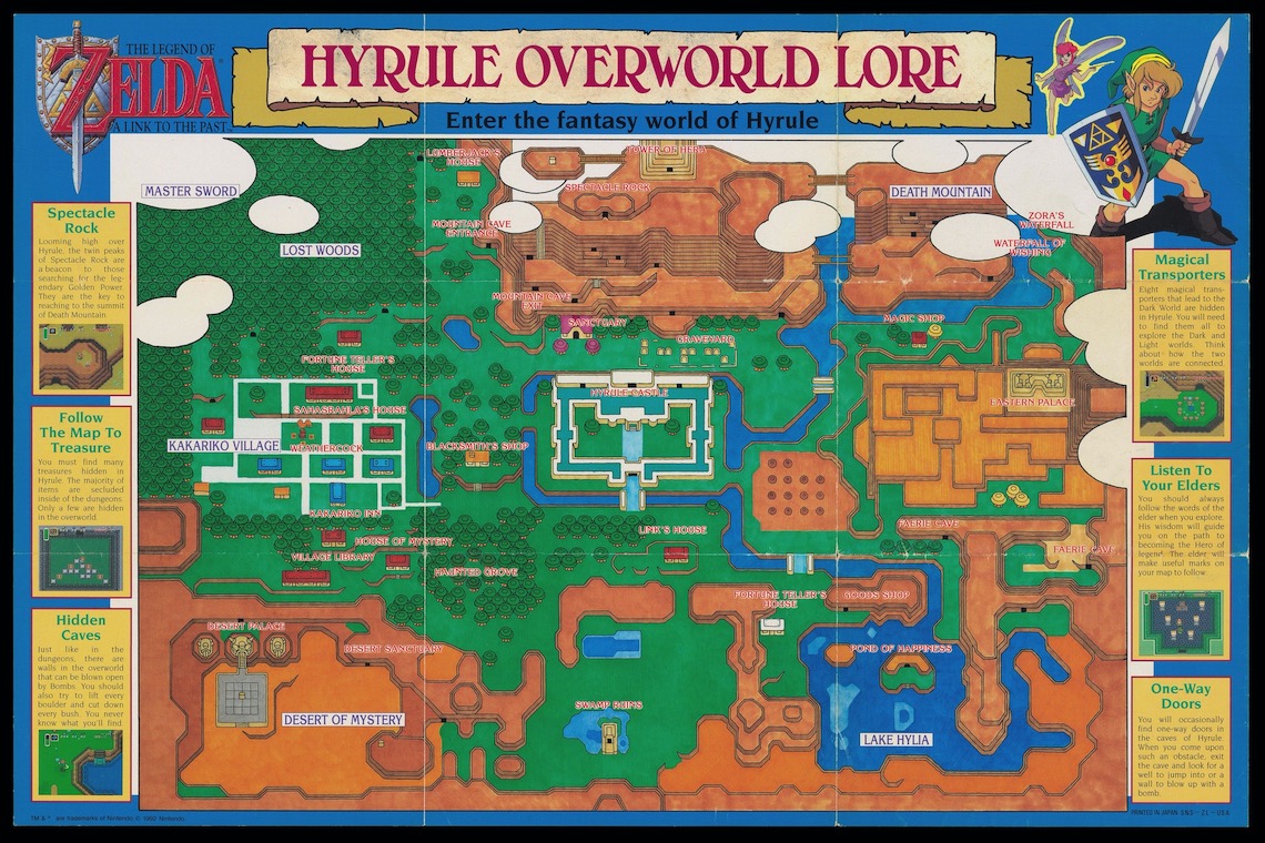 The Legend of Zelda: A Link to the Past aka Hyrule Overworld Lore map published by Nintendo of America, Inc. (1992).