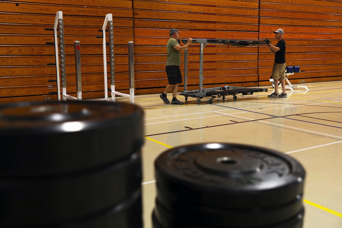 While the fitness room at Sullivan Gym was being renovated, old workout equipment remained in operation on the basketball courts.