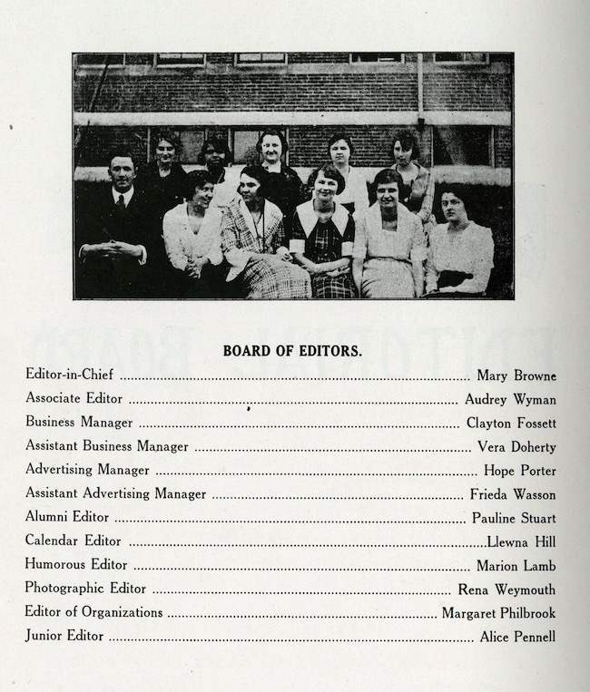Llewena Baker Hill served as editor of the calendar section of the Gorham Normal School yearbook, The Green and White, as pictured in the publication's 1921 edition.