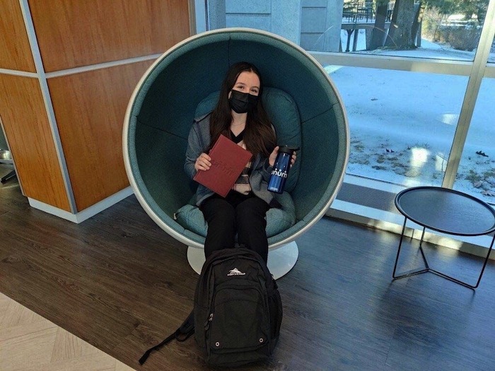Sociology student Sofia Oliveri takes a break during her job shadow experience at Unum.