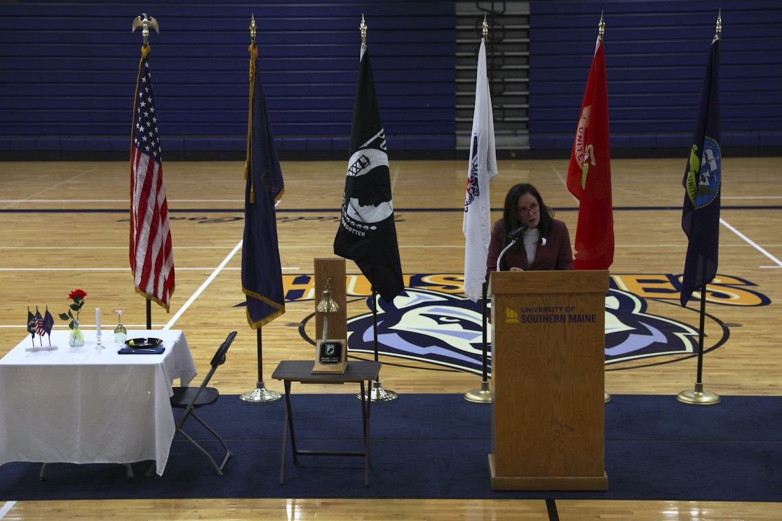 President Jacqueline Edmondson speaks before the POW/MIA Chair of Honor is unveiled.