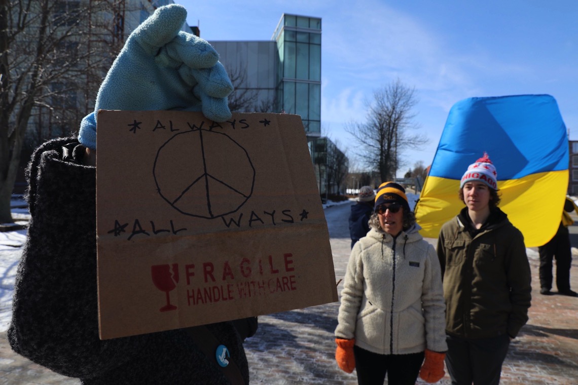 Provost Jeannine Diddle Uzzi joined demonstrators to show her support for Ukraine.