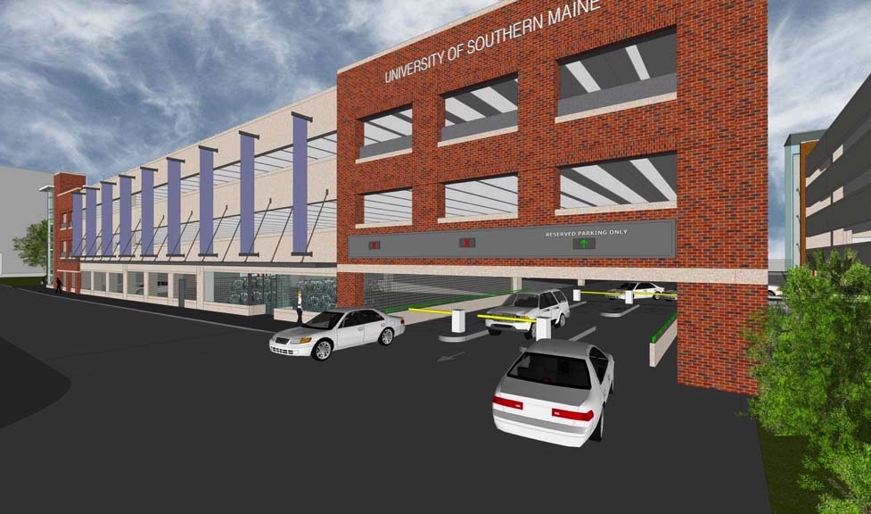 An artist's rendering shows the entrance of the new parking garage to be located behind the Wishcamper Center on the Portland Campus.