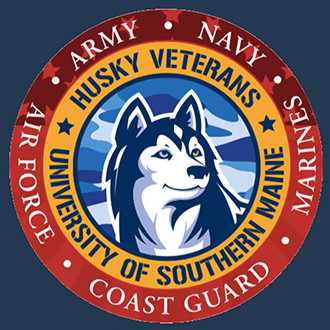 Husky with circle around that says Husky Veterans University of Southern Maine, Army, Navy, Marines, Coast Guard, Air Force
