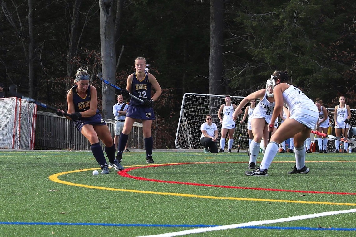 Mary Keef unloads a shot during the Little East Conference Championship game in field hockey against Castleton.