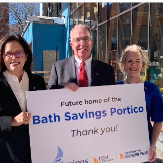 (Left to Right) Dr. Jacqueline Edmondson, USM President, Glenn Hutchinson ’80, ’89G, President and CEO, Bath Savings, and Ainsley Wallace, President and CEO, USM Foundation, on the site of the future Bath Savings Portico, the distinctive “front porch” of the new McGoldrick Center for Career & Student Success, now under construction on USM’s Portland Campus.