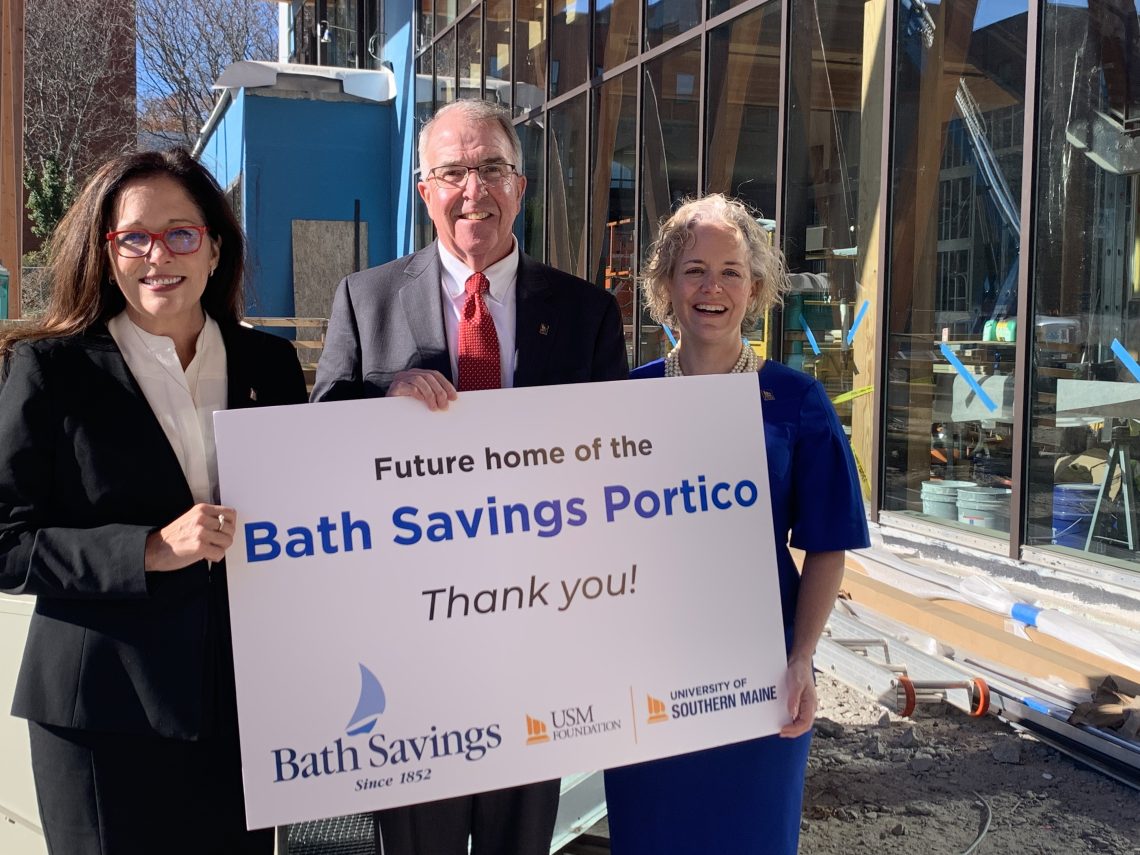 (Left to Right) Dr. Jacqueline Edmondson, USM President, Glenn Hutchinson ’80, ’89G, President and CEO, Bath Savings, and Ainsley Wallace, President and CEO, USM Foundation, on the site of the future Bath Savings Portico, the distinctive “front porch” of the new McGoldrick Center for Career & Student Success, now under construction on USM’s Portland Campus. 