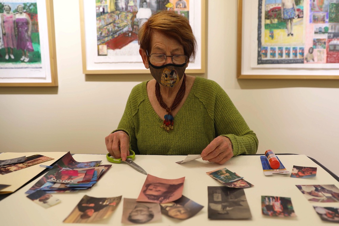 Participants at Paula Gerstenblatt's collage workshop create art from family photographs.