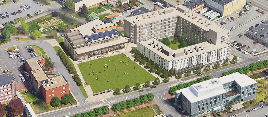 A bird's eye view of the new one-acre quad, residence hall, and career and student success center that comprise the Portland Campus Development Project.