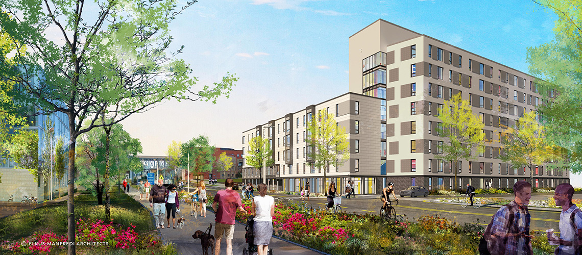An architect's rendering of the Portland Commons residence hall.
