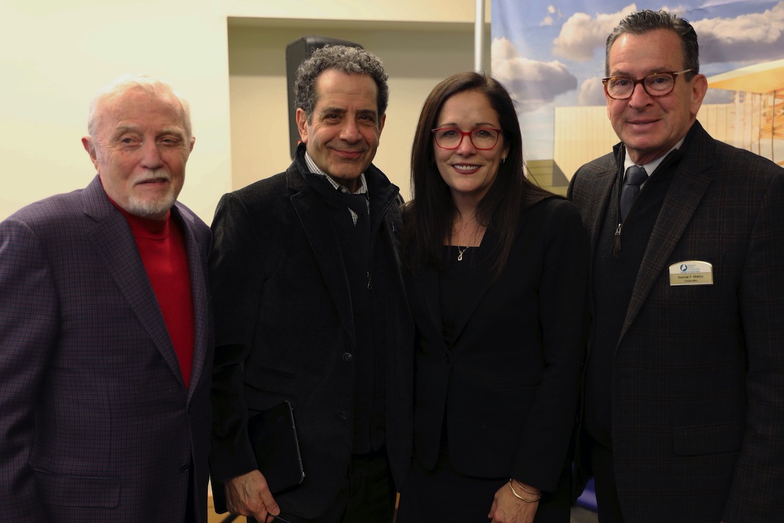 Dan Crewe, Tony Shalhoub, President Jacqueline Edmondson, and Chancellor Dannel Malloy partner to advance the USM Center for the Arts campaign.