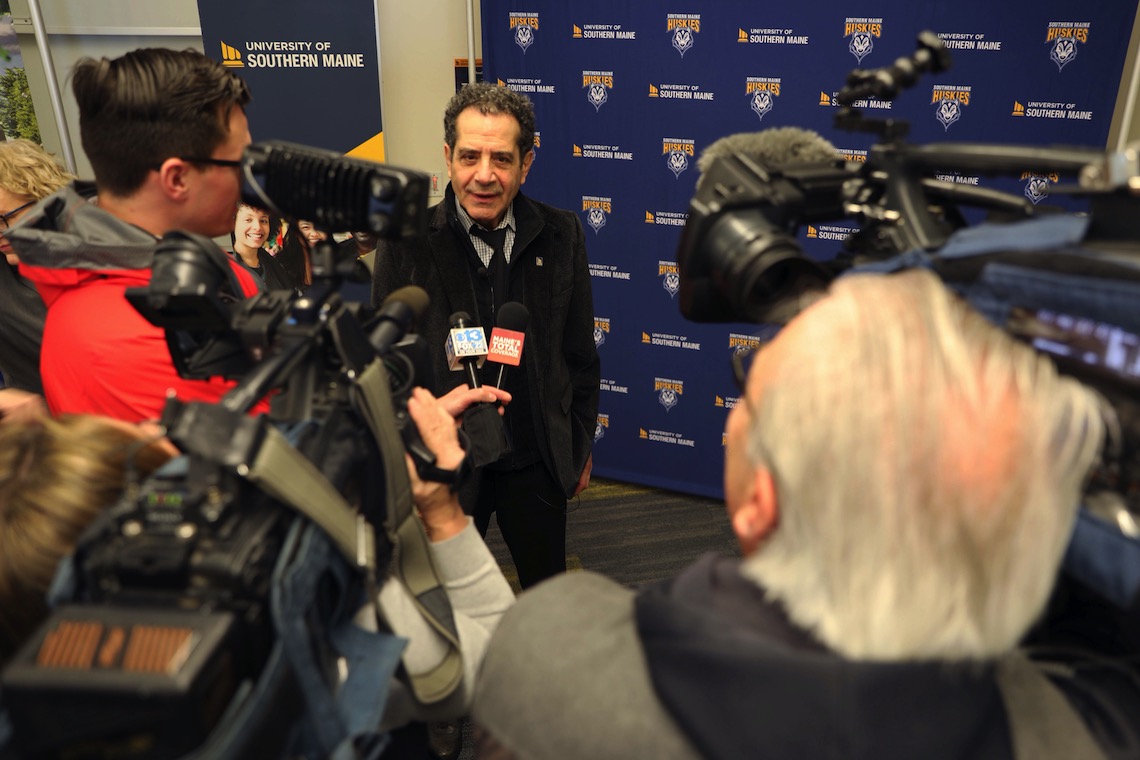 Tony Shalhoub talks with the media after announcing his role as honorary chairman of the USM Center for the Arts campaign.