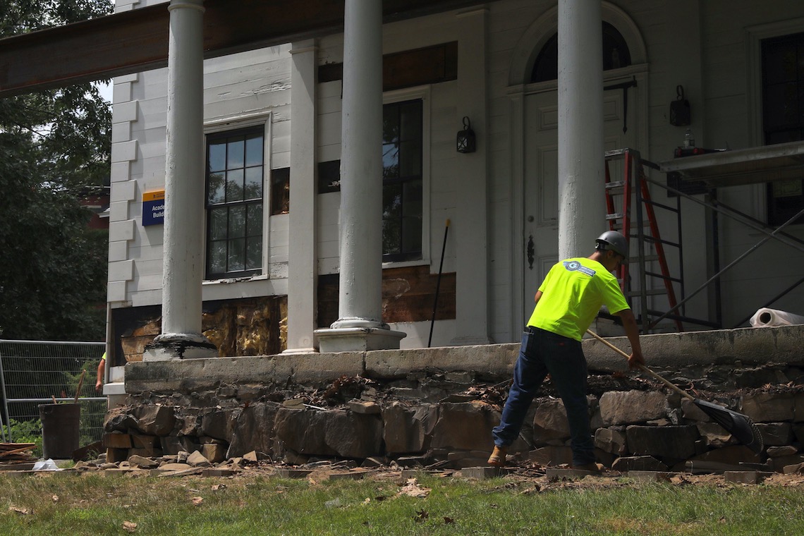 The stone steps leading up to the front door of the Academy Building had to be removed due to water damage.