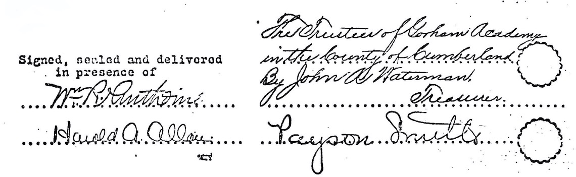 Signatures from 1909 lease agreement giving the State of Maine control of the Academy Building.